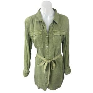 Sanctuary Army Girl Green Belted Long Sleeve Button Down Denim Shirt Dress Sz M